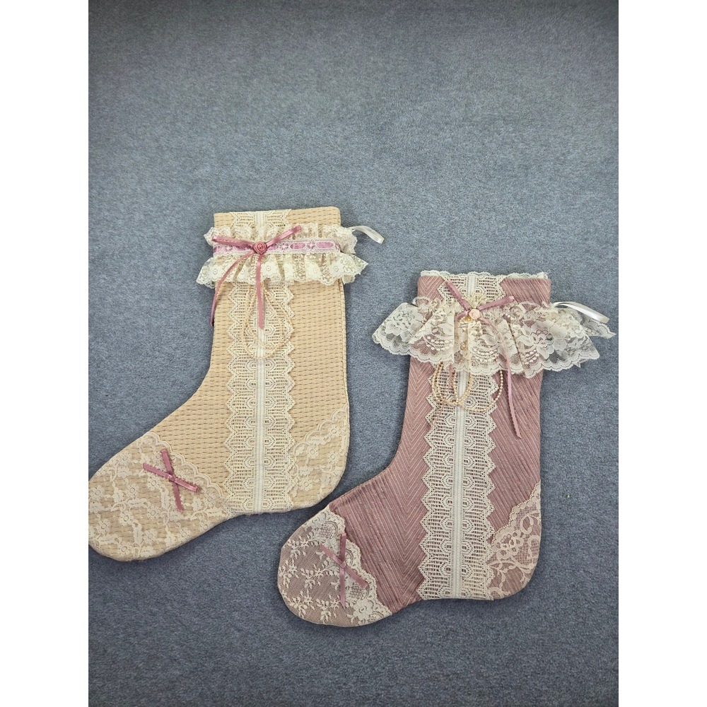 Set of 2 Shabby Chic Christmas Stockings Coquette Pink Beige Lace Pearl Bows